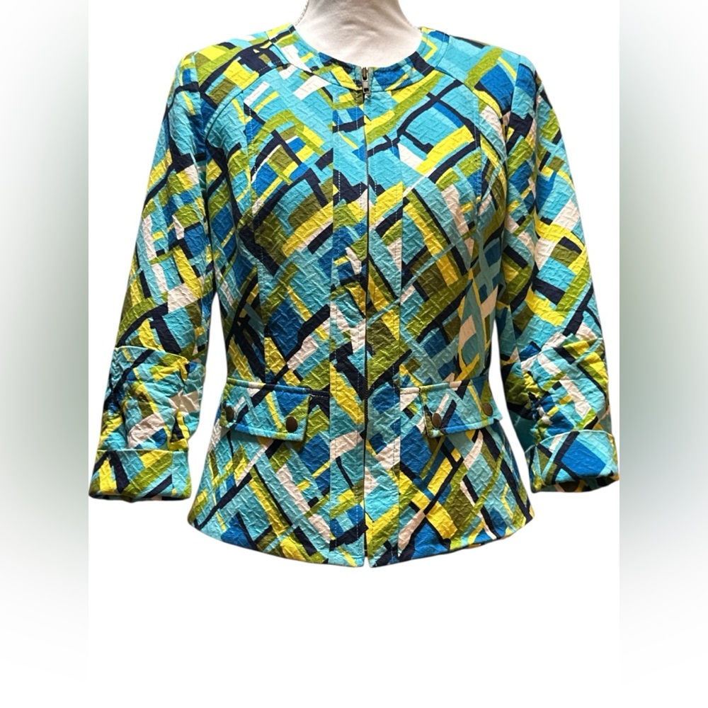 Anthracite by Muse Bold Blue Yellow Design Jacket Sz 8, Geometrical